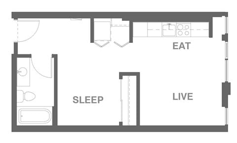 Floor plan for 1 bed, 1 bath, 467 sqft